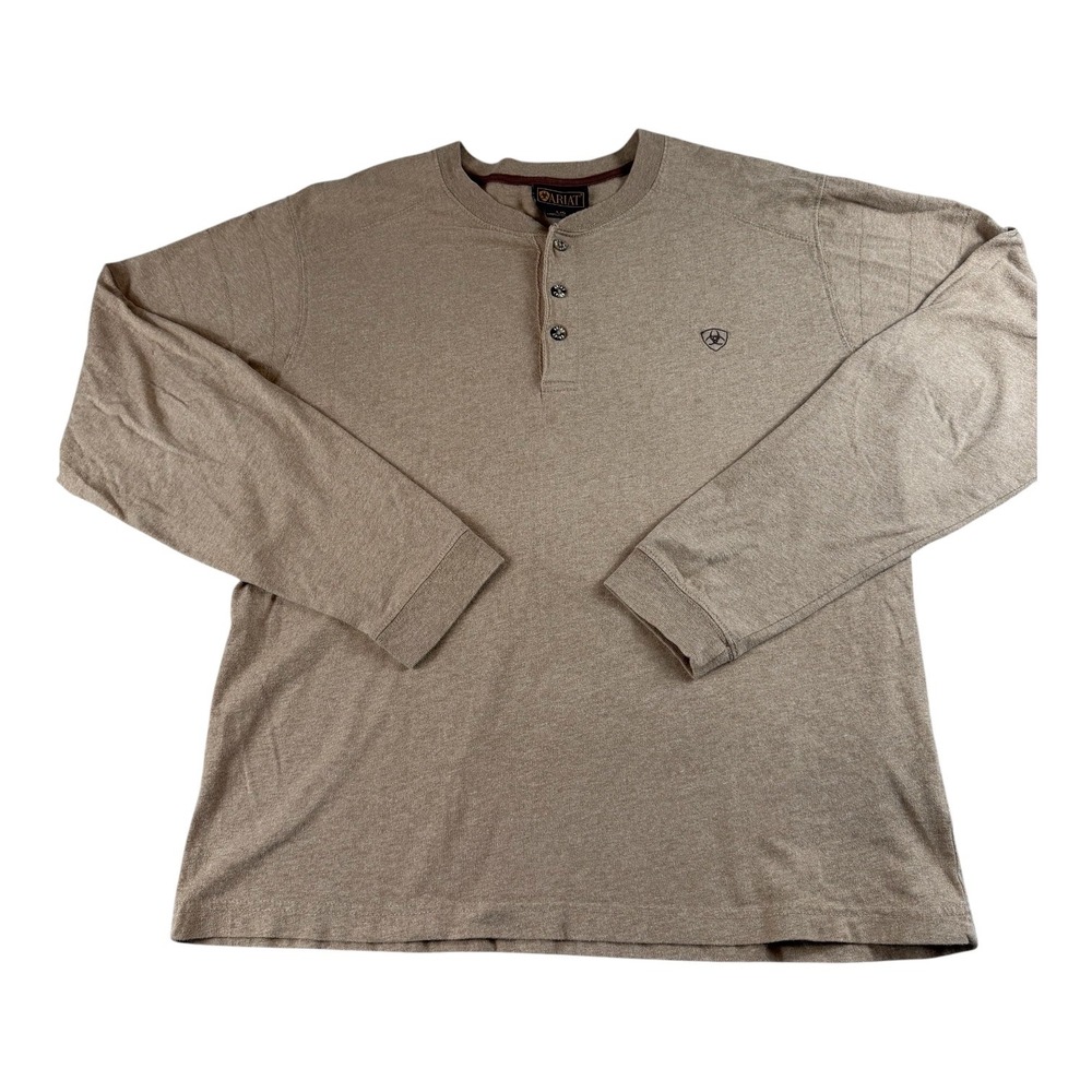 Ariat Mens Long Sleeve Henley Shirt Tan Heather Cotton Logo Large L 1137 1623